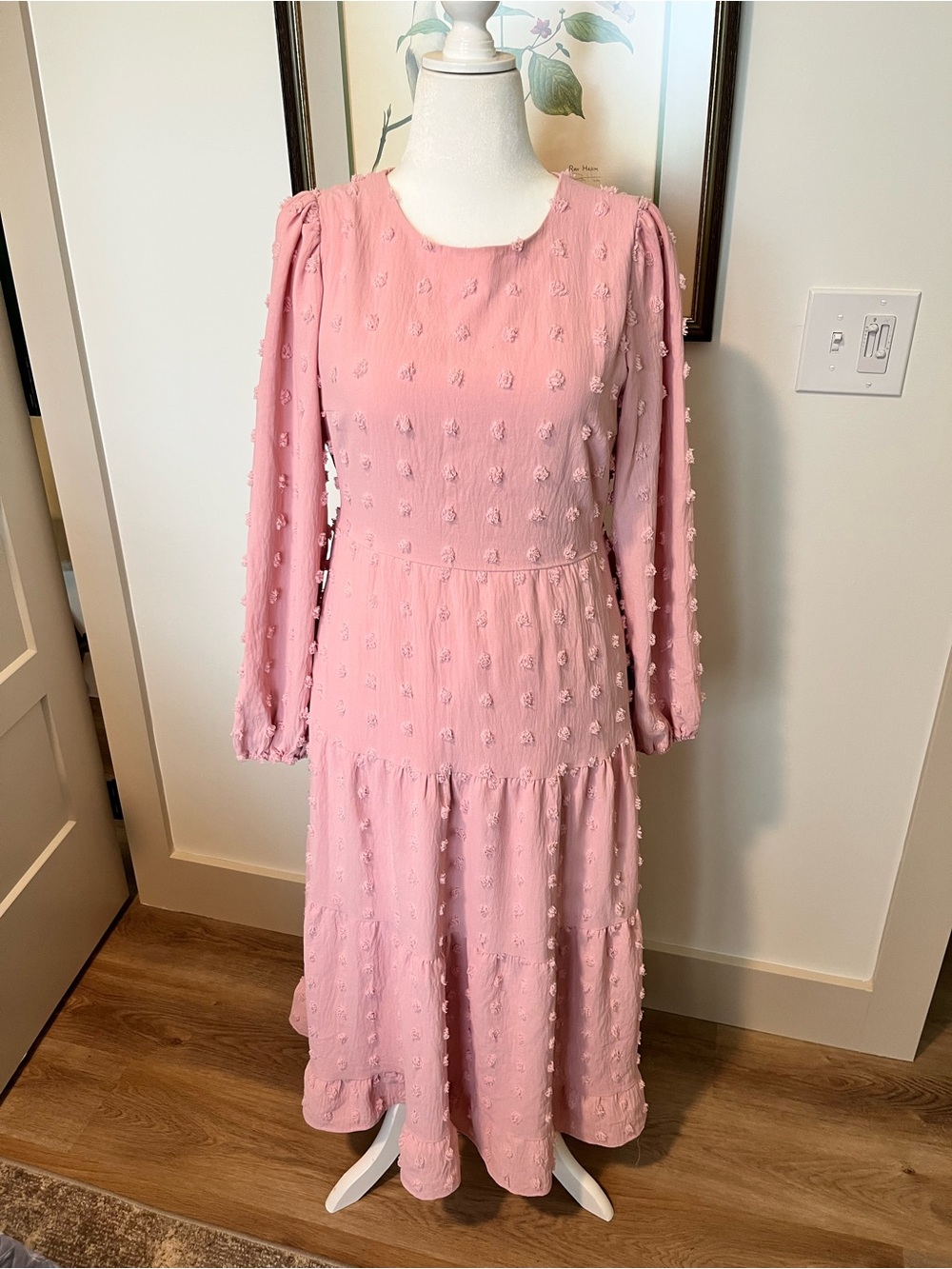 Women's Pink Long Sleeve Tiered Midi Dress